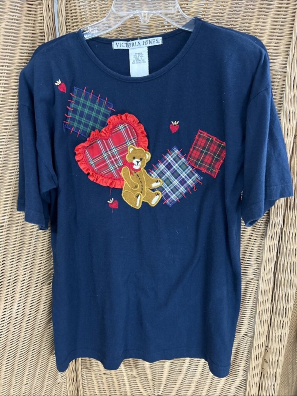 Victoria Jones Vintage Navy Tshirt Bear Heart Appliqué Small Plaid Patches